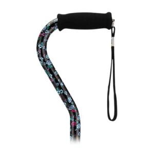 CANE OFFSET WITH STRAP- BLACK with Blue and Pink Flowers