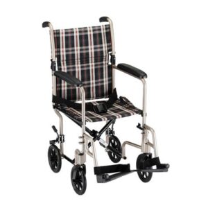 TRANSPORT CHAIR- 19 INCH LIGHTWIEGHT WITH PLAID UPHOLSTERY & SWINGAWAY FOOTRESTS CHAMPAGNE