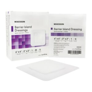 Composite Barrier Island Dressing McKesson Water Resistant 4 X 4 Inch Polypropylene / Rayon 2 X 2 Inch Pad Sterile