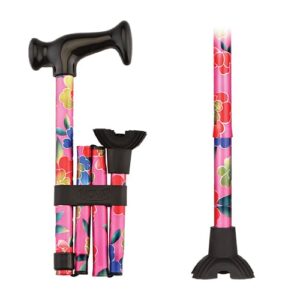 FOLDING CANE WITH MINI QUAD CANE TIP PINK GARDEN