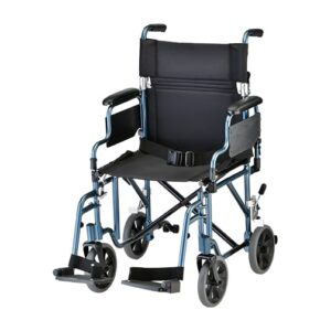 TRANSPORT CHAIR- 19 INCH LIGHTWEIGHT WITH  DETACHABLE DESK ARMS & SWINGAWAY FOOTRESTS BLUE